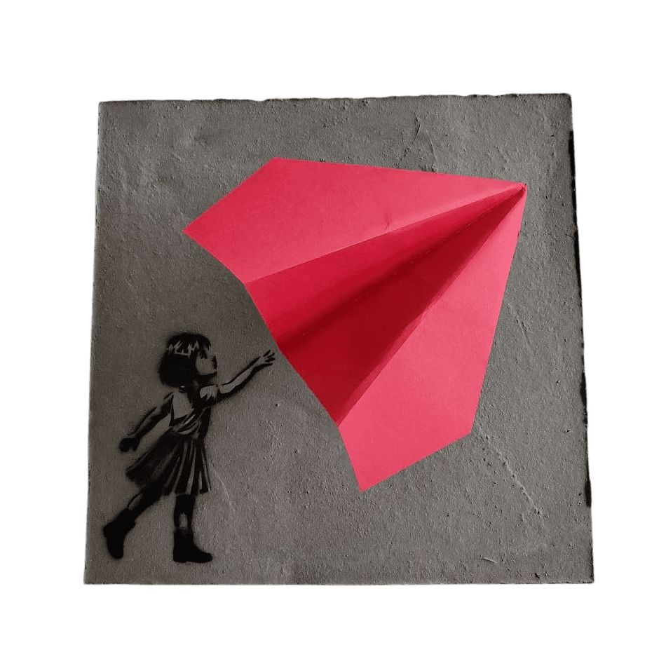 Mädchen mit Flieger, Beton (selbst gegossen) Papierflieger-Wandkunst